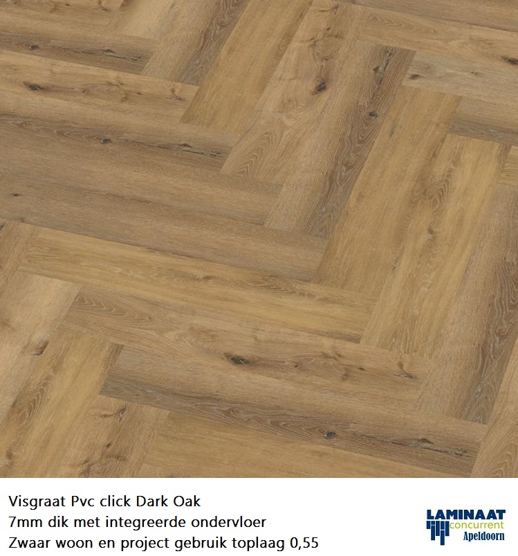 Visgraat click Pvc laminaat Dark Oak 2504 7mm met integreerde ondervloer - Afbeelding 3