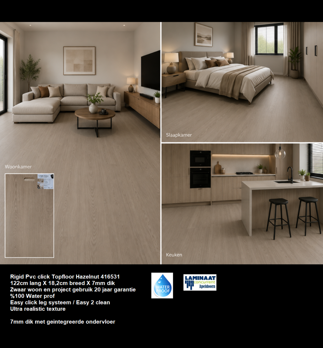 7mm dik Pvc click Hazelnut 416531 met integreerde ondervloer €34,95p/m2 - Afbeelding 3